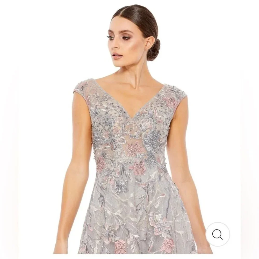 NWT MAC DUGGAL EMBROIDERED ILLUSION CAP SLEEVE A LINE GOWN SILVER 20263 - Picture 7 of 8